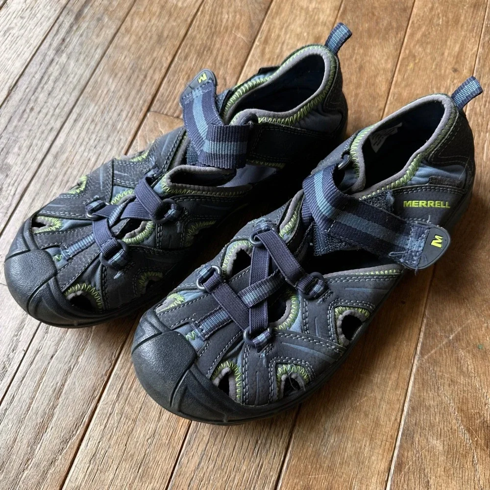 Merrell‎ Hydro Hiker Sandal Kids 4M Leather Water Sport Closed Toe Grey Green